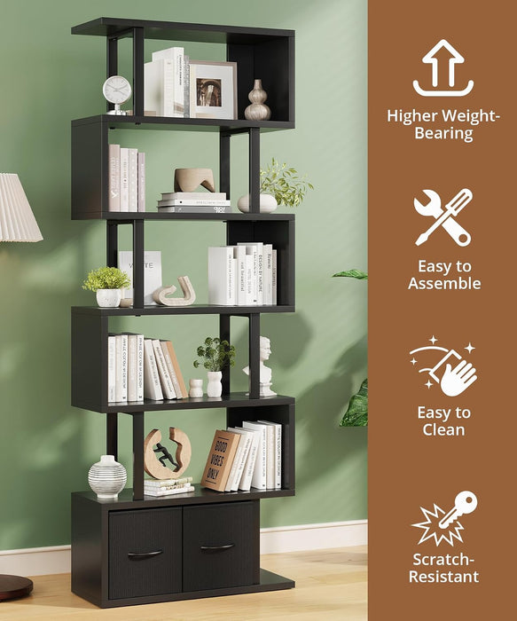 6-Tier Tall Bookshelf with Drawers, Black