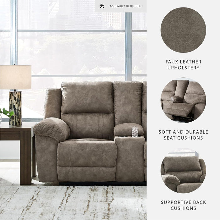 Laresview Contemporary Faux Leather Manual Double Reclining Loveseat with Console, Storage and Cup Holders, Gray
