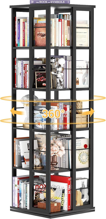 Rotating Bookshelf, Corner Bookcase, 360 Display Wood Spinning Bookshelves, Floor Standing Bookcases Narrow Shelf, 5 Tiers, Black