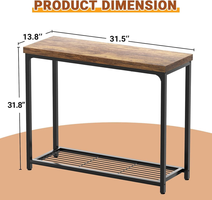 32" Small Console Table with 2-Tier Storage, Industrial Narrow Entryway Table, Sofa Table behind Couch for Hallway, Foyer & Living Room, Sturdy Metal Frame, Rustic Brown