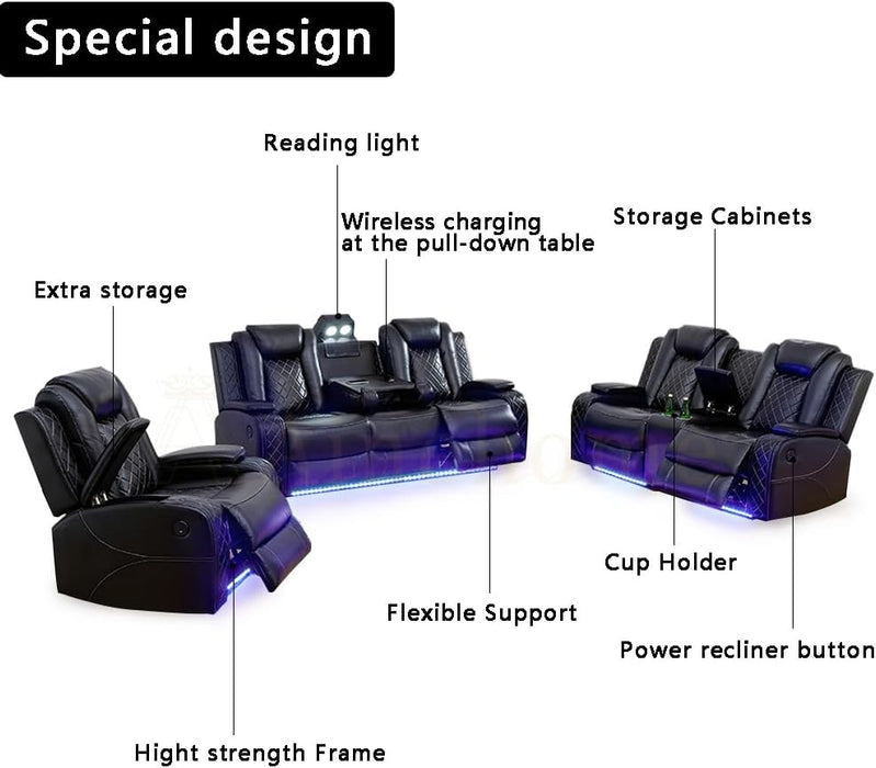 Luxury Living Room Furniture Sets Power Recliner Sectional Sofa Recliner Couch Set Recliner Leather Couch and Recliner Set Loveseat Chair for House/Office/Theater Seating(A-Black)