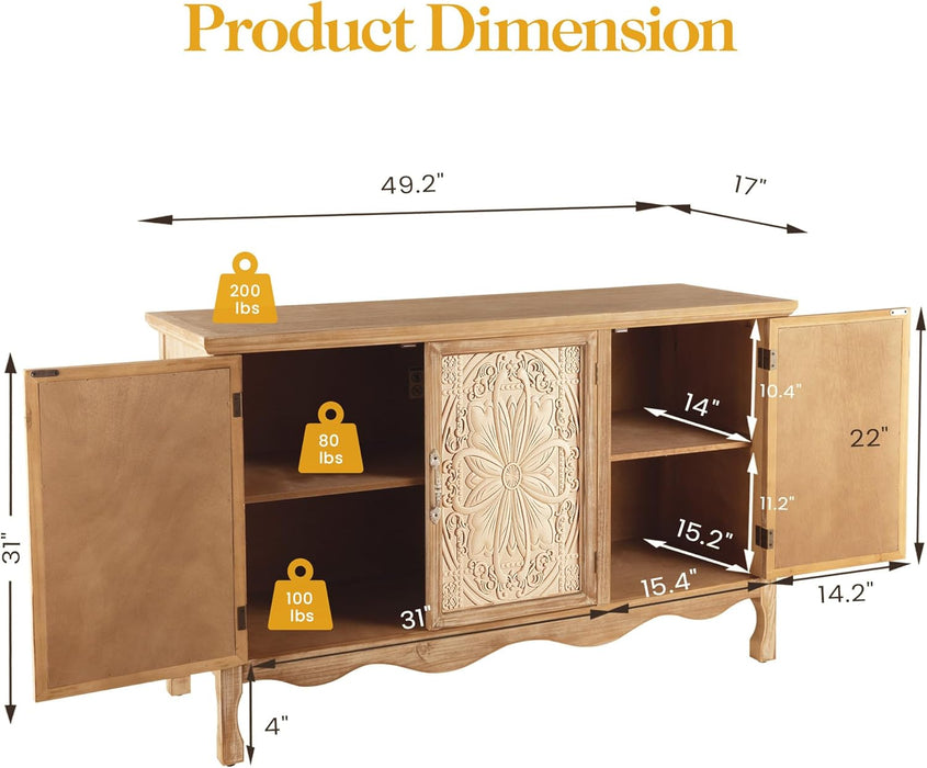 Farmhouse Sideboard Buffet Cabinet with Storage, 49" Solid Wood Credenza Buffet Table Coffee Bar Wine Bar Storage Cabinet with 3 Doors for Dining Room Living Room Hallway, Provence Grain