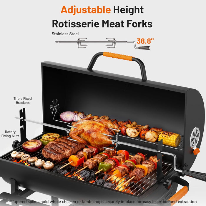 29-Inch Barrel Charcoal Grill, Heavy Duty BBQ Grill with Manual Rotisserie Meat Fork, Detachable Windproof Ash Collector Barbecue Smoker Grill Combo for Backyard, Patio and Parties ﻿