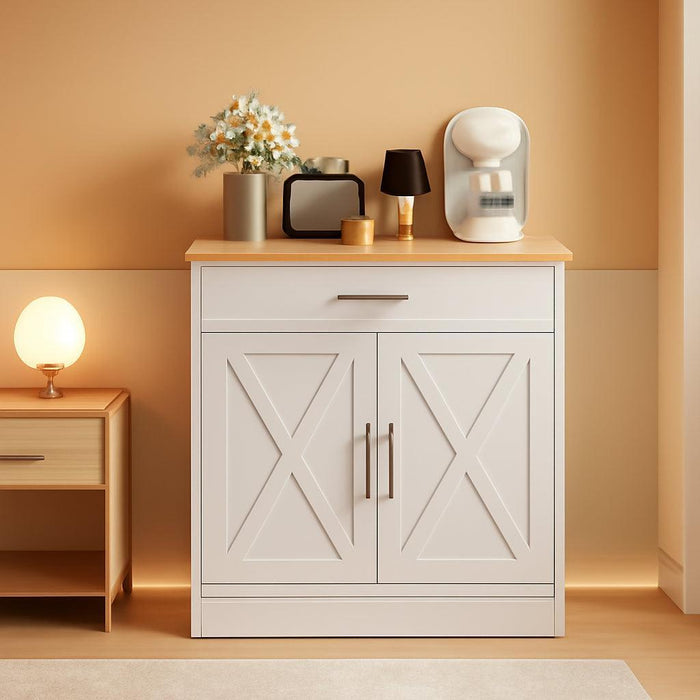 Kitchen Buffet Sideboard Cabinet, Wooden Storage Cabinet with 2 Doors & 1 Drawers, Modern Farmhouse Coffee Bar Cabinet with Storage for Living Room, Adjustable Shelf, White&Yellow