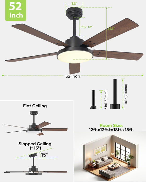 52 Inch Black Ceiling Fan with Light and Remote/App, Ceiling Fans with Lights, 3CCT, Reversible 6 Speeds Quiet, Black Modern Ceiling Fan with Light for Indoor Outdoor Bedroom Patio Living Room