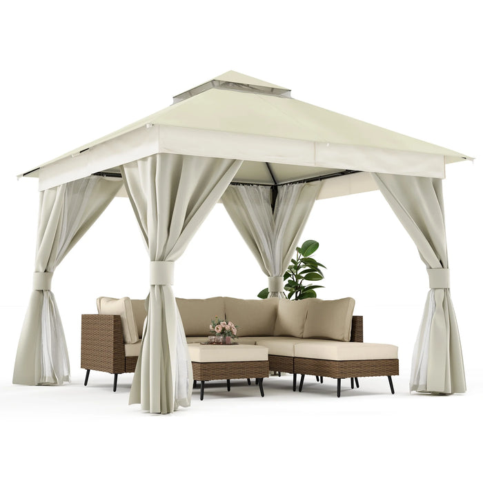 10'X10' Patio Gazebo, Double Roof Outdoor Shelter Tent with Mosquito Nettings and Privacy Screens, Cream White