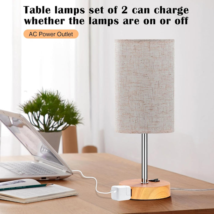 Table Lamp for Bedroom Set of 2, Bedside Small Lamps with 3 Way Dimmable Rocker Switch & AC Outlet, Nightstand Desk Lamp with Flaxen Fabric Shade Woodgrain Base for Living Room Home Decor Lights