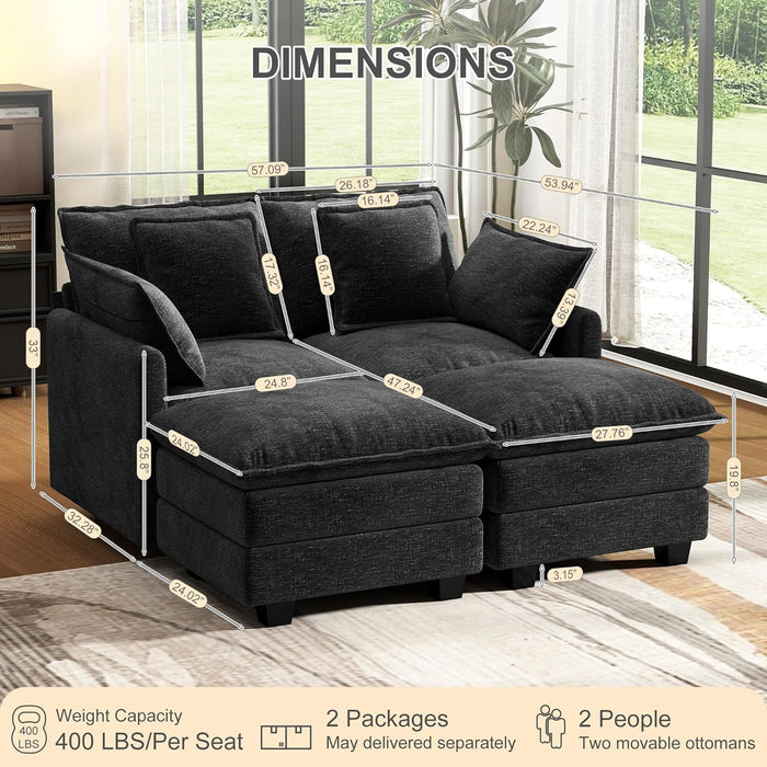 58 Inch Black Cloudlike Loveseat Removable Pillows