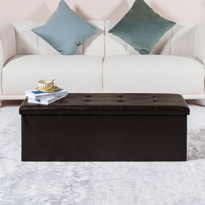 Folding Storage Ottoman Bench, Brown Faux Leather Long Storage Chest Footstool Seat, Bench for Bedroom and Hallway, 43.3"X15.7"X15.7"