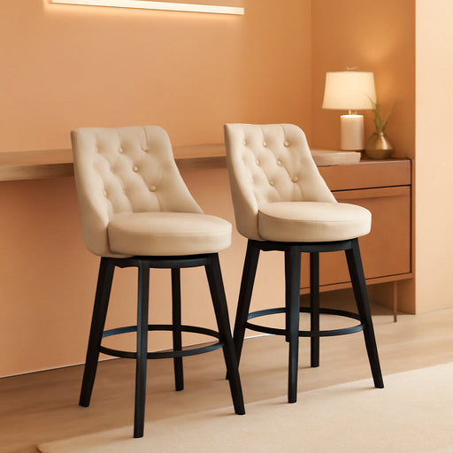 Bar Stools Set of 2, Swivel Barstools with Backs and Wood Legs, 27" Linen Fabric Upholstered Bar Chairs for Kitchen Island, Dining, Cafe, Pub（Linen）