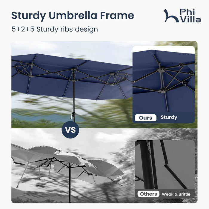 13Ft 2-Tier Outdoor Patio Umbrella with Base Included, Navy Blue | Large, Double-Sided, Rectangle, Rectangular, for Table Market, with Stand, Triple-Head, Windproof, for outside Poolside Lawn