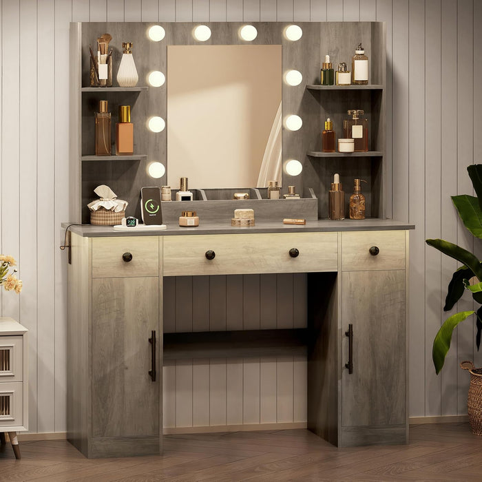Grey Vanity Desk With Mirror LED BuiltInChargingStation