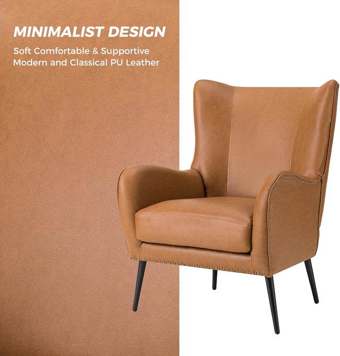 Faux Leather Accent Chair W/Removable Cushion, Comfy Upholstered Armchair with Black Metal Legs & Nailhead Trim Wingback Vanity Chair Desk Chair for Reading Living Room Bedroom, Camel