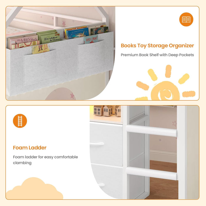 Twin Size Loft Bed for Kids, 8 Storage Drawers & LED Lights, House Shaped Metal Bed with Bookcase, Soft Foam Ladder, 13.4" Safety Guardrail, Space Saving, Fun Curtain