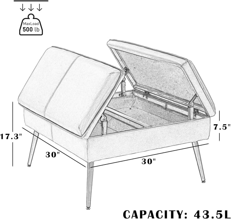 Square Ottoman with Storage, Large Oversized Ottoman Coffee Table, Double Flipping Lid & Mid-Century Modern & Faux Leather Style, Loads 660 Lb, for Living Room, Bedroom, Entryway, Cognac Brown