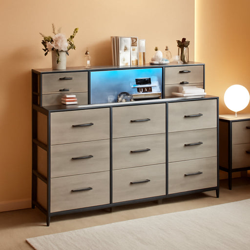 Grey Dresser with Power Outlets and LED Lights 13 Drawers Long Dresser for Bedroom Faux Leather Fabric Chest of Drawers for Living Room Hallway Entryway Closets Sturdy Frame Wood Top