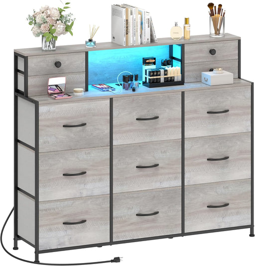 Grey Dresser with Power Outlets and LED Lights 13 Drawers Long Dresser for Bedroom Faux Leather Fabric Chest of Drawers for Living Room Hallway Entryway Closets Sturdy Frame Wood Top