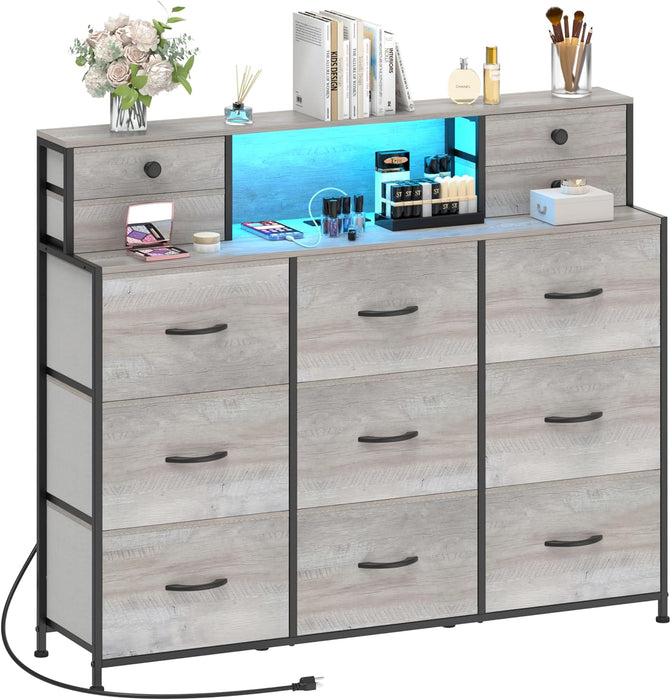 Grey Dresser with Power Outlets and LED Lights 13 Drawers Long Dresser for Bedroom Faux Leather Fabric Chest of Drawers for Living Room Hallway Entryway Closets Sturdy Frame Wood Top