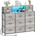 Grey Dresser with Power Outlets and LED Lights 13 Drawers Long Dresser for Bedroom Faux Leather Fabric Chest of Drawers for Living Room Hallway Entryway Closets Sturdy Frame Wood Top