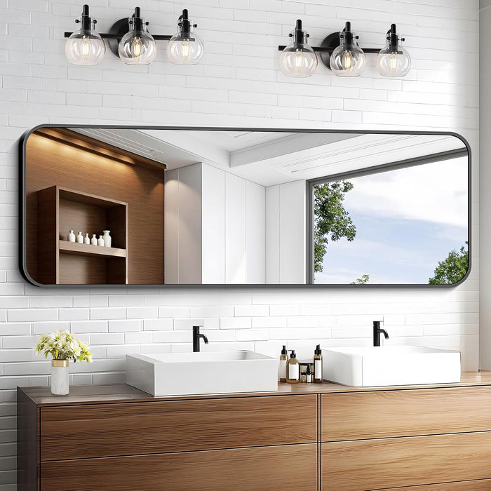 60"X20" Full Length Wall Mirror, Large Black Vanity Mirror with Rounded Corner & Metal Frame, Modern Design for Bathroom, Living Room, Entryway, Hang Horizontal/Vertical