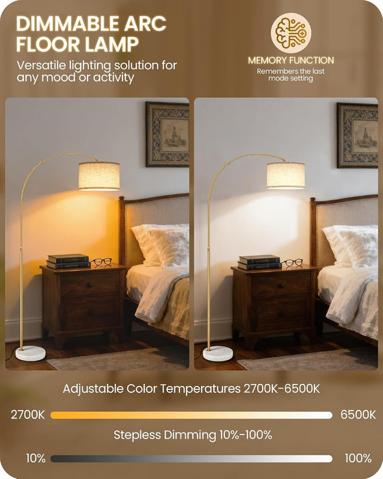 75" Dimmable Gold Arc Floor Lamp with Marble Base, Adjustable Height, Beige