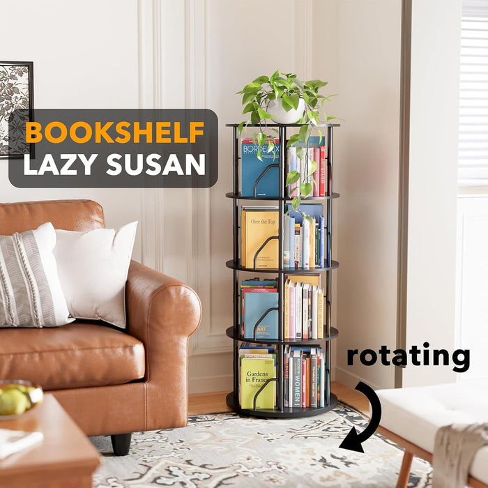 4 Tier Rotating Bookshelf Tower, 360 Display Stackable Spinning Bookcase, Space Saving Revolving round Book Shelf, Floor Standing Swivel Corner Organizer, Black