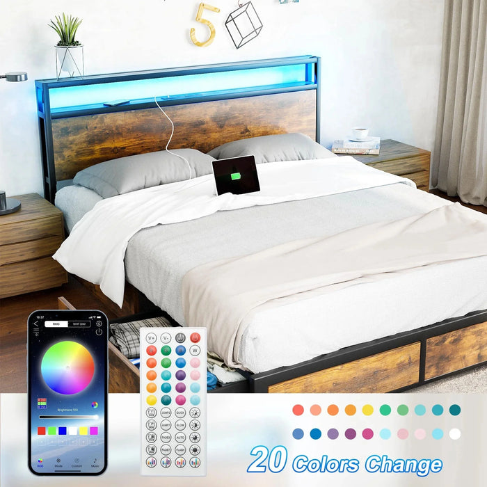 LED Queen Bed Frame with Storage Headboard & 4 Drawers, Industrial Metal Platform Bed with Power Charging Station & USB Ports