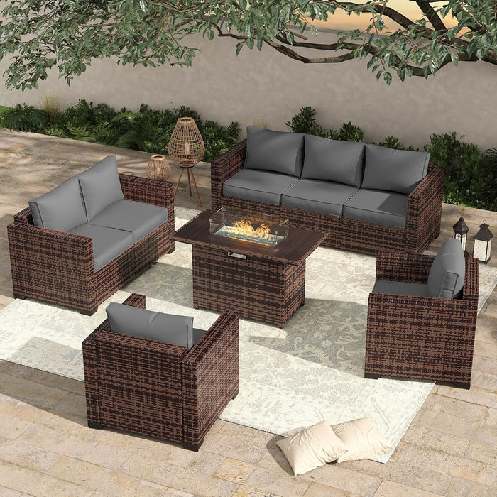 Oversized Outdoor Sectional Sofa Set with 44" Metal Fire Pit Table & Storage Coffee Table - Waterproof Wicker Patio Furniture Set, Modular Furniture with Removable Cushions (Grey)
