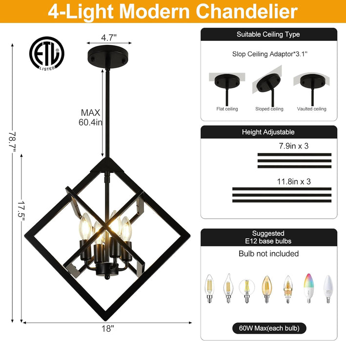 18" Black Chandelier, 4-Light Farmhouse Geometric Ceiling Dining Room Fixture, Modern Rustic Foyer Lighting Fixtures, Industrial Hanging Light Fixture Pendant Lights for Kitchen Island, Entryway