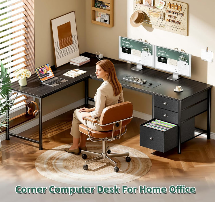 63" L Shaped Computer Desk with Power Outlet & USB-C Port, Reversible Home Office Desk with 2 Fabric Drawers, File Cabinet, Hooks, Large Corner Table for Gaming, Writing, Work, Black