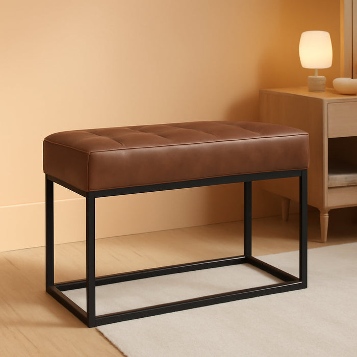 Theodore Channel Tufted Small Ottoman - Brown Faux Leather