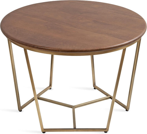 Solvay Mid-Century round Coffee Table; 26 X 26 X 18; Walnut Brown and Antique Brass; Sophisticated Modern Circle Table for Storage and Display