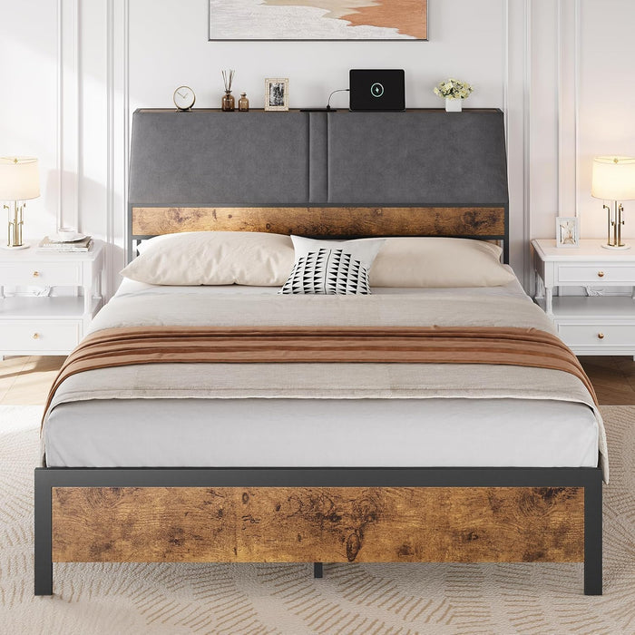 Queen Bed Frame, Ergonomic Padded Headboard, Integrated Charging Ports, Storage in the Headboard, Robust Construction, Quiet Comfort, and Designed to Be Used without a Box Spring