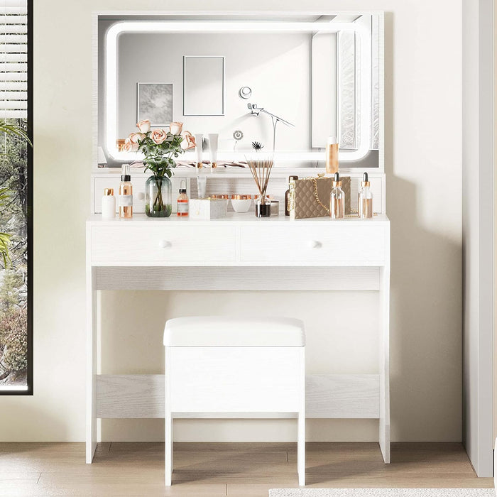 Vanity Desk with LED Lighted Mirror & Power Outlet, Makeup Vanities Table with 4 Drawers,Storage Bench,Dressing Table for Bedroom White