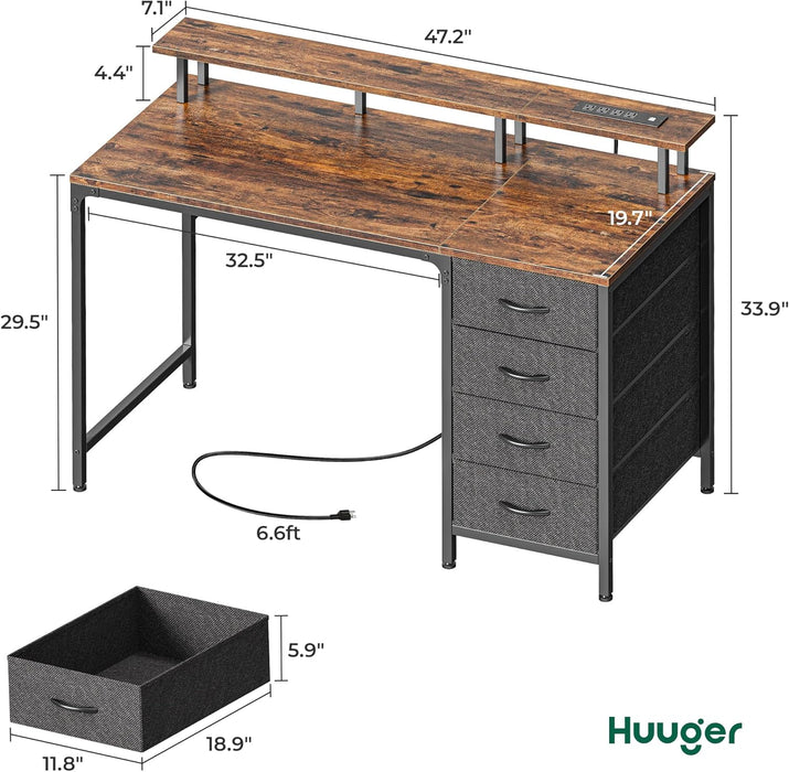 47 Inch Computer Desk with Power Outlets and LED Lights, Gaming Desk with 4 Drawers, Office Desk with Monitor Stand, Study Desk Work Desk for Home Office, Small Spaces, Rustic Brown