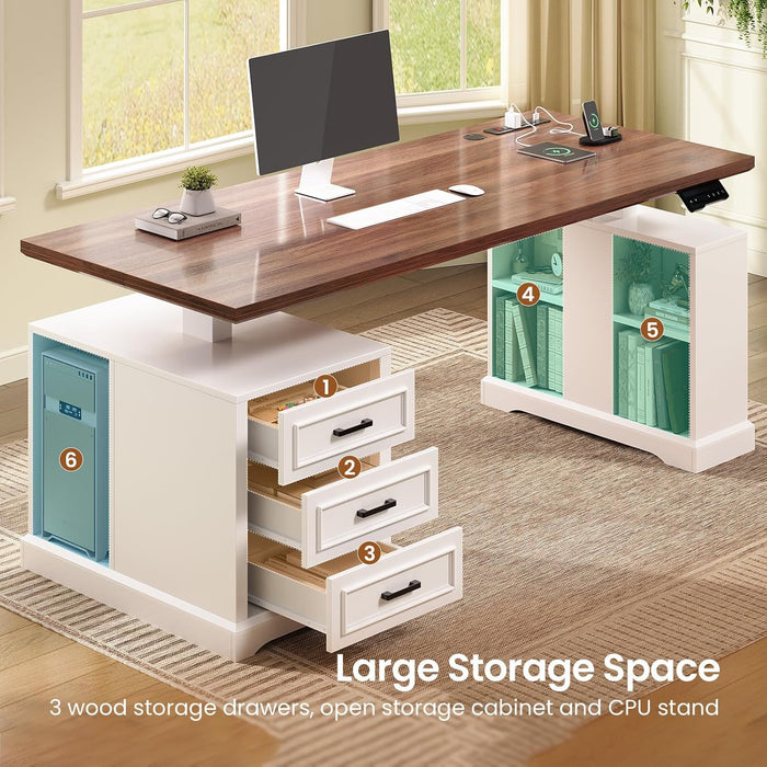 Farmhouse Electric Standing Desk, 63" Height Adjustable Computer Desk with 3 Drawers, Storage Shelves, Power Outlets, Wood Home Office Stand up Desk for Work, Study, Writing, White