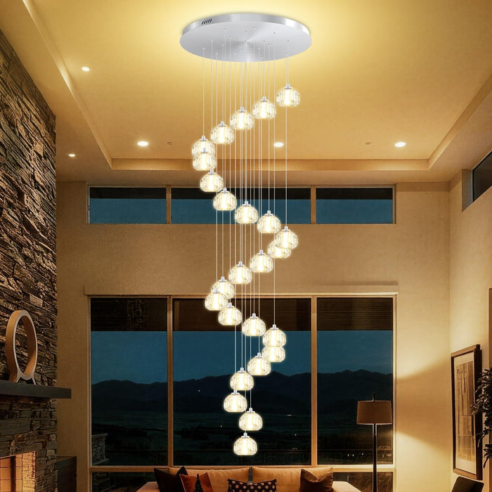 Crystal Ball Chandelier for High Ceiling Modern Glam Crystal Chandelier Lighting for Foyer Enterway Long Staircase 25 Light Silver
