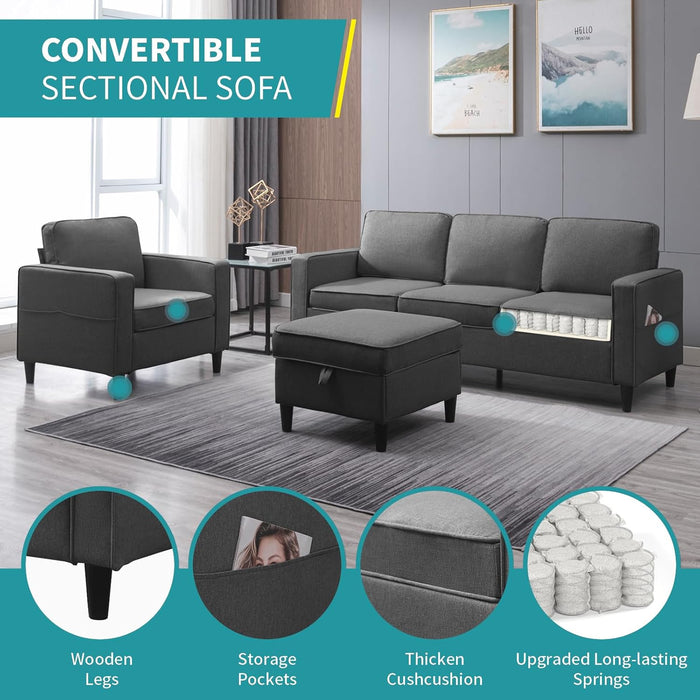 78" W Sectional Couches for Living Room, Linen L-Shaped Sofa with Storage Ottoman and Armchair, 3 Seater Sofa with Ottoman and Accent Chair Couch Furniture Set for Office/Apartment