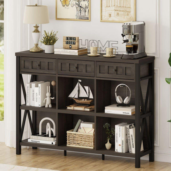 Rustic 6 Cube Storage Organizer Bookshelf with 3 Drawers, Short Low Horizontal Bookshelf for Living Room, Industrial Wood and Metal Cubby Bookcase for Home Office (Walnut Brown, 47 Inch)