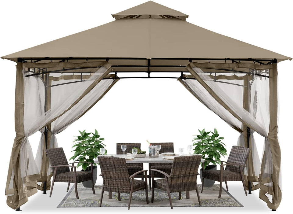 Gazebos for Patios 10X12 - Outdoor Steel Frame Gazebo with Mosquito Netting for Lawn Backyard Garden Deck (Khaki)
