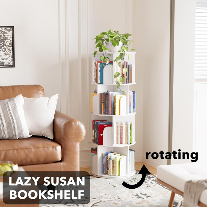 Cross Style 4 Tier Rotating Bookshelf, Spinning 360 Bookcase Lazy Susan Tower, Vertical Revolving Books Shelf Storage round Carousel Space Saving Organizer, White