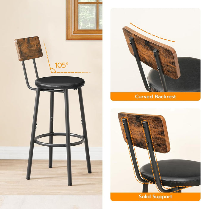 Bar Stools, Bar Stools Set of 2 with PU Upholstered, Bar Chairs with Footrest and Back, 26" Bar Stools for Kitchen Island, Dining Room, Easy to Assemble, Rustic Brown and Black BF31BY01G1