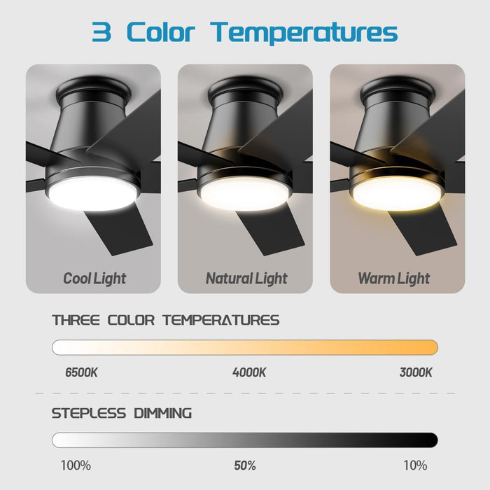 52" Flush Mount Low Profile Ceiling Fan, Black,6 Speeds DC Reversible Motor,Timing, Dimmable for Indoor, Patio,Porch, Garage, Shop