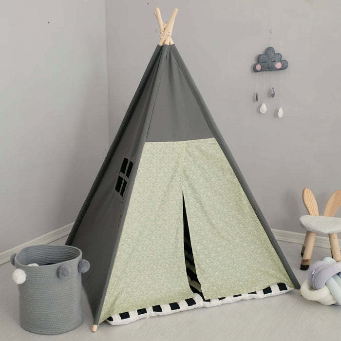 Teepee Tent for Kids Stripe Padded Mat Foldable Dark Tone Grey Play Tents for Girl and Boy with Carry Case Wooden Pole Printing Canvas Tepee Playhouse for Child Indoor Outdoor
