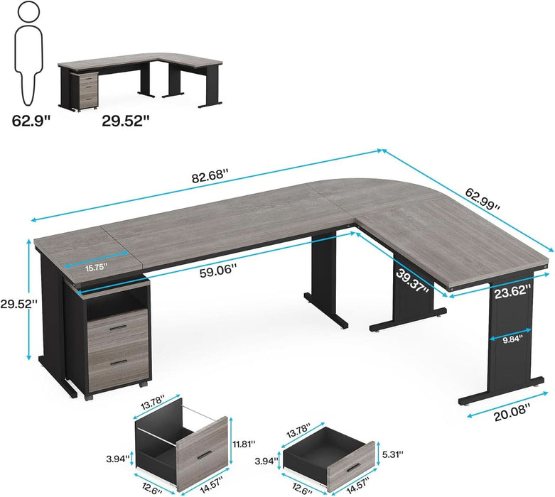 83 Inch L-Shaped Office Desk, Large Executive Computer Desk with 3-Drawer File Cabinet, Industrial Corner Desk with Storage Drawers, Business Furniture Work Desk for Home Office (Gray)