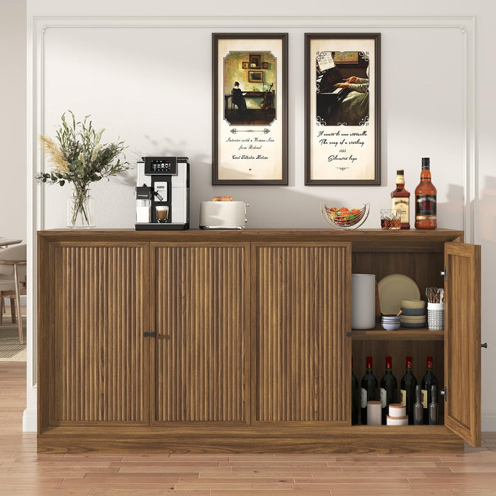 63” Fluted Sideboard Storage Cabinet, Mid Century Modern Wooden Credenza with 4 Doors & Adjustable Shelves, Beveled Edge Buffet Cabinet with Storage, Kitchen, Living Room (Walnut)