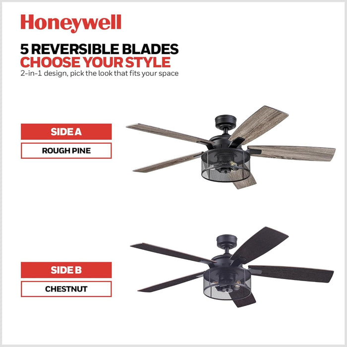 Ceiling Fans Carnegie Industrial 52 Inch Ceiling Fan with Light, Remote Control Fan, LED Indoor Fan with 5 Blades, Gray Pine and Brown Chestnut Blade Finish Options, Matte Black (50614-01)