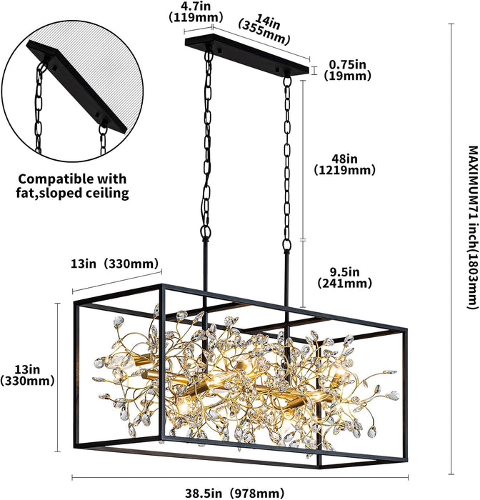 Black and Gold Chandelier, 8-Light Rectangle Crystal Chandeliers Rectangular Modern Farmhouse Pendant Light Fixture for Dining Room Kitchen Island Large, L38.5 Inch