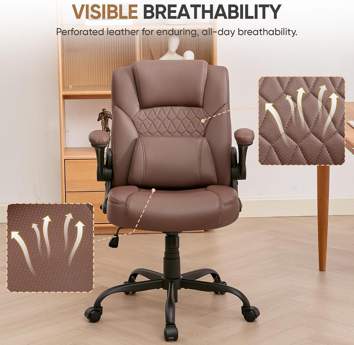 Home Office Chair with Lumbar Support, 5" Thickened Seat, Small PU Leather Rocking Desk Chair, Comfy Computer Chairs with Rolling Wheels & Adjustable Armrests for Adults, Brown