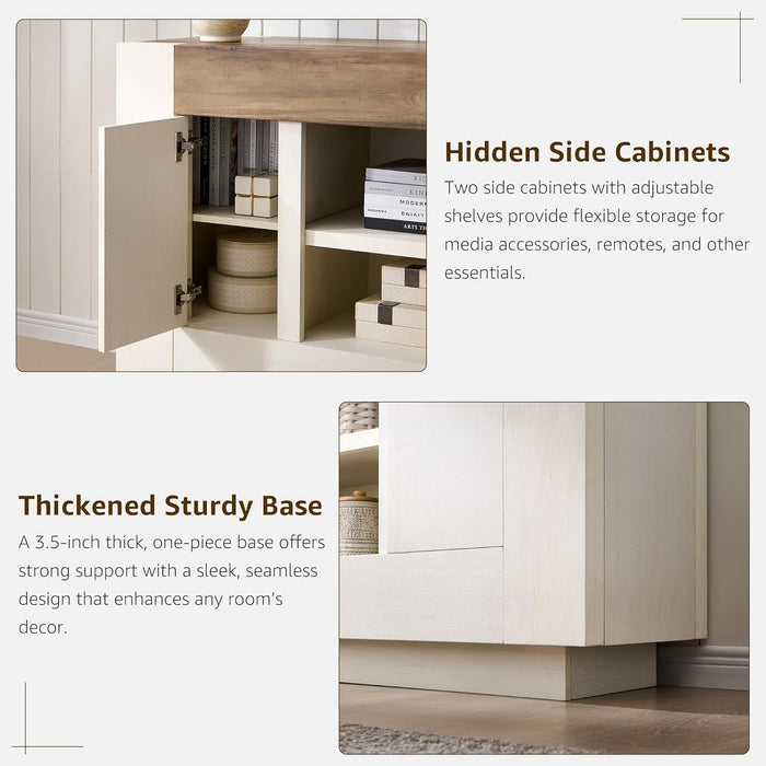 Modern 70" TV Stand, Entertainment Center for Tvs up to 80", Media Console with Large Open Storage & Side Cabinets, Thick Wood Design for Living Room, Antique White